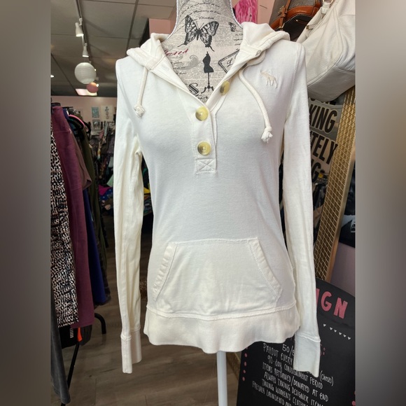 Abercrombie & Fitch Cream Hoodie with Button Details - Picture 1 of 5
